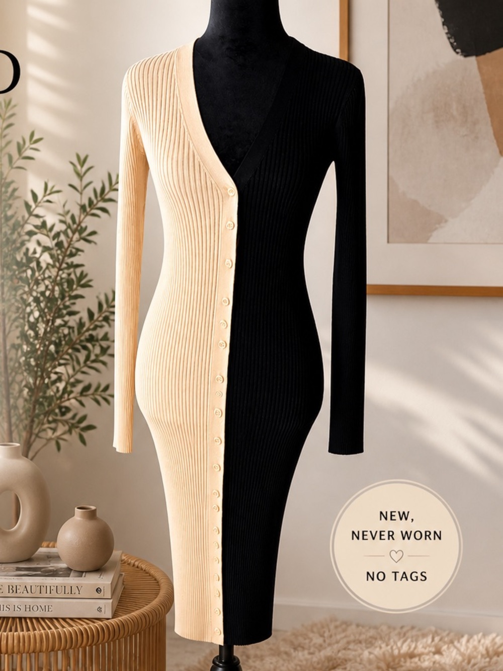 STAUD Rib Knit Colorblock Dress Black & Beige XS Bodycon V-Neck Long Sleeve